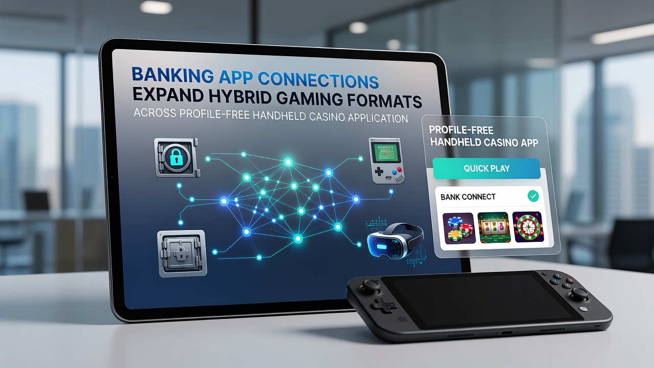Handheld device displaying hybrid casino games connected via banking app