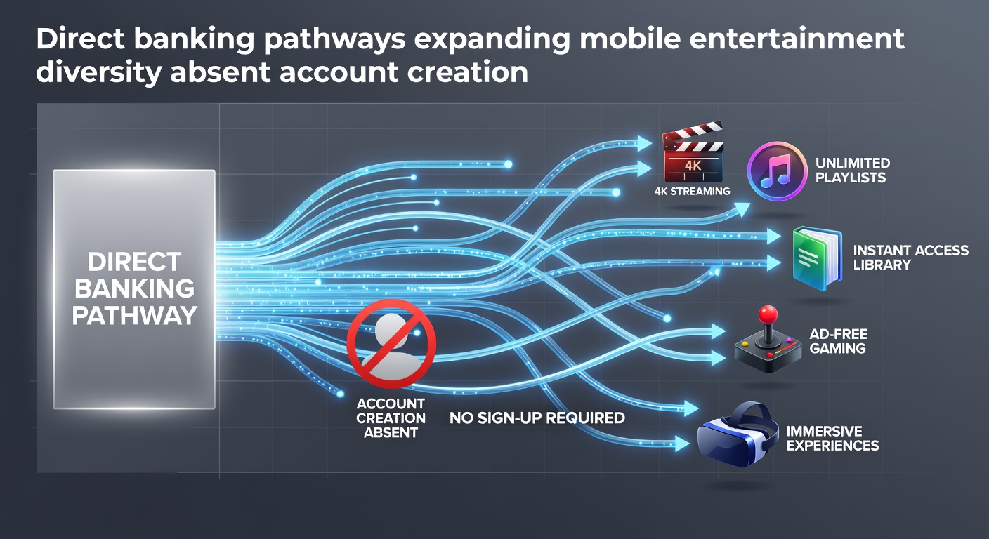 Mobile screen showing direct bank transfer interface connected to various entertainment options without registration prompts