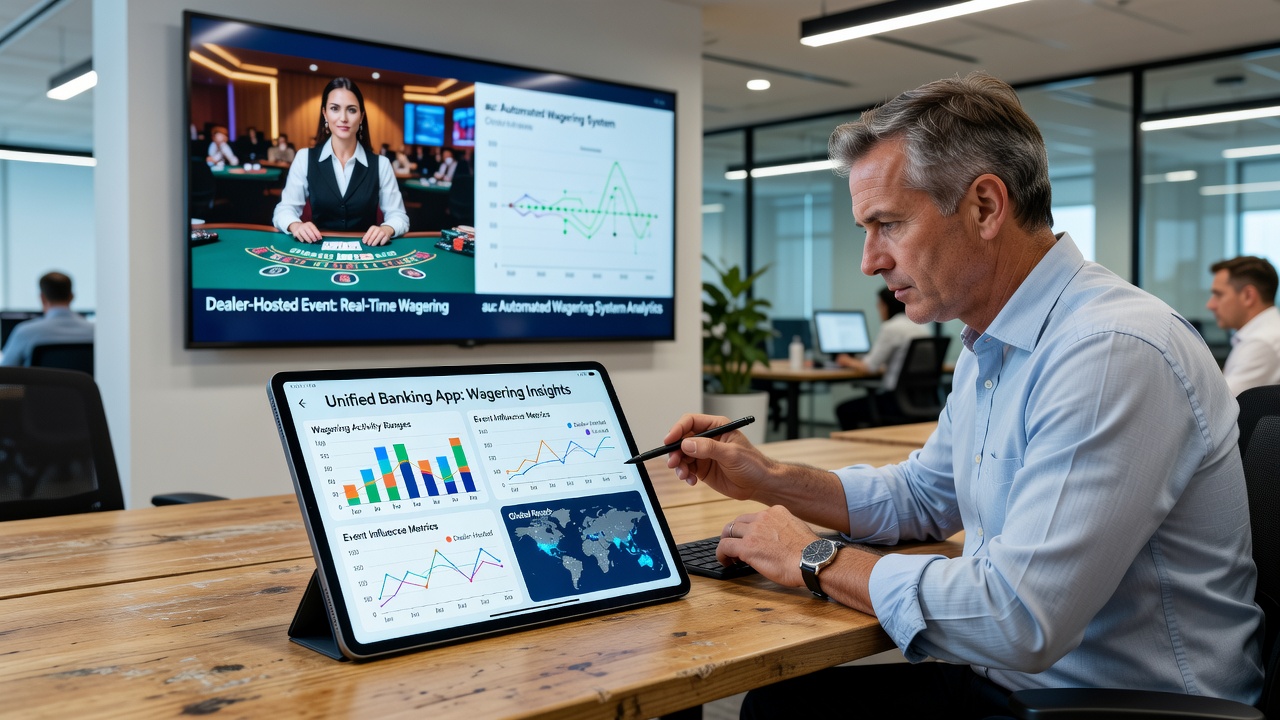 Mobile handheld devices displaying transitions between live dealer events and automated slot sequences via unified banking links