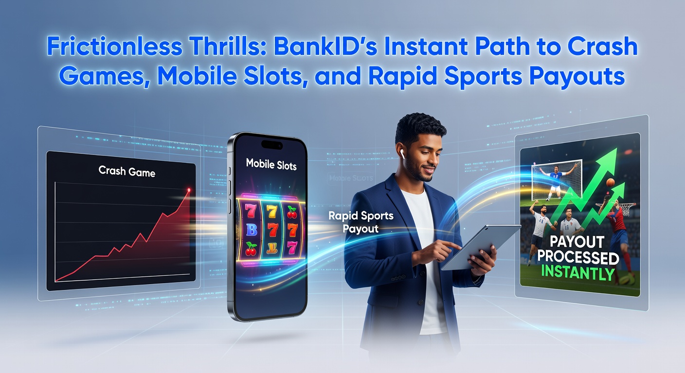 Dynamic mobile interface showing BankID deposit flowing into colorful slot reels spinning with jackpot symbols and instant win notifications