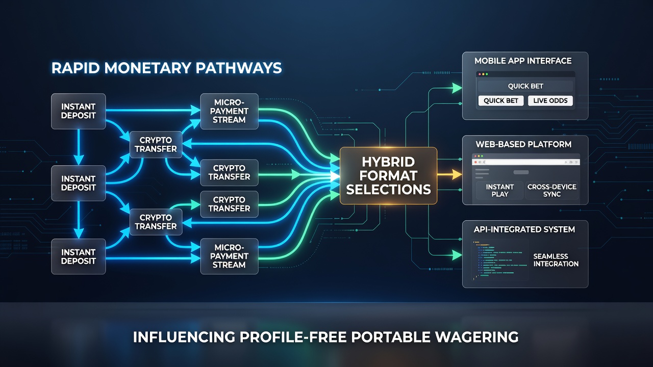 Illustration of hybrid game interfaces on mobile screens connected through fast banking routes