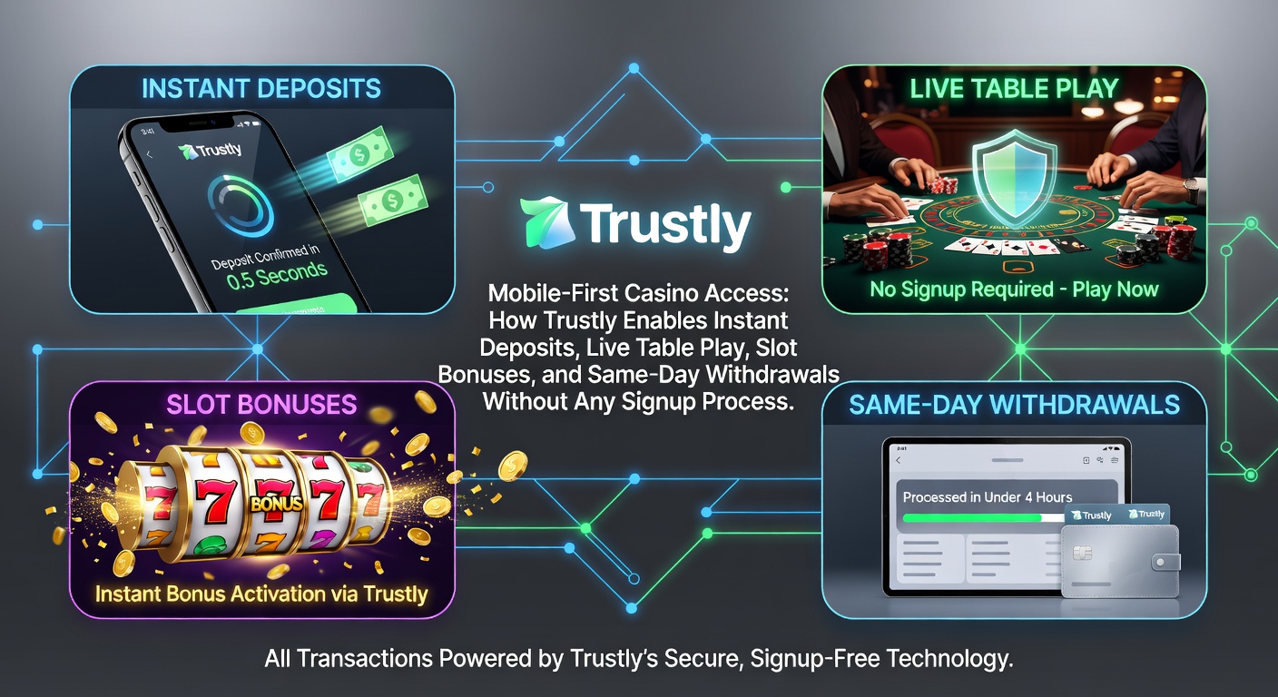 Mobile casino interface showing Trustly instant deposit and live table games on a smartphone screen
