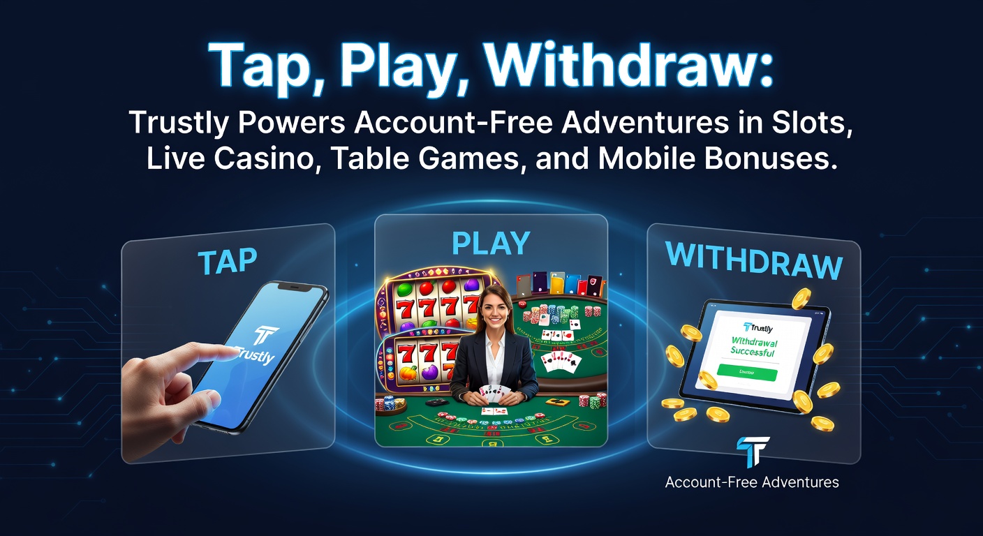 A vibrant casino interface showing a player tapping to deposit via Trustly, spinning slots reels instantly without registration, highlighting seamless bank integration for quick withdrawals
