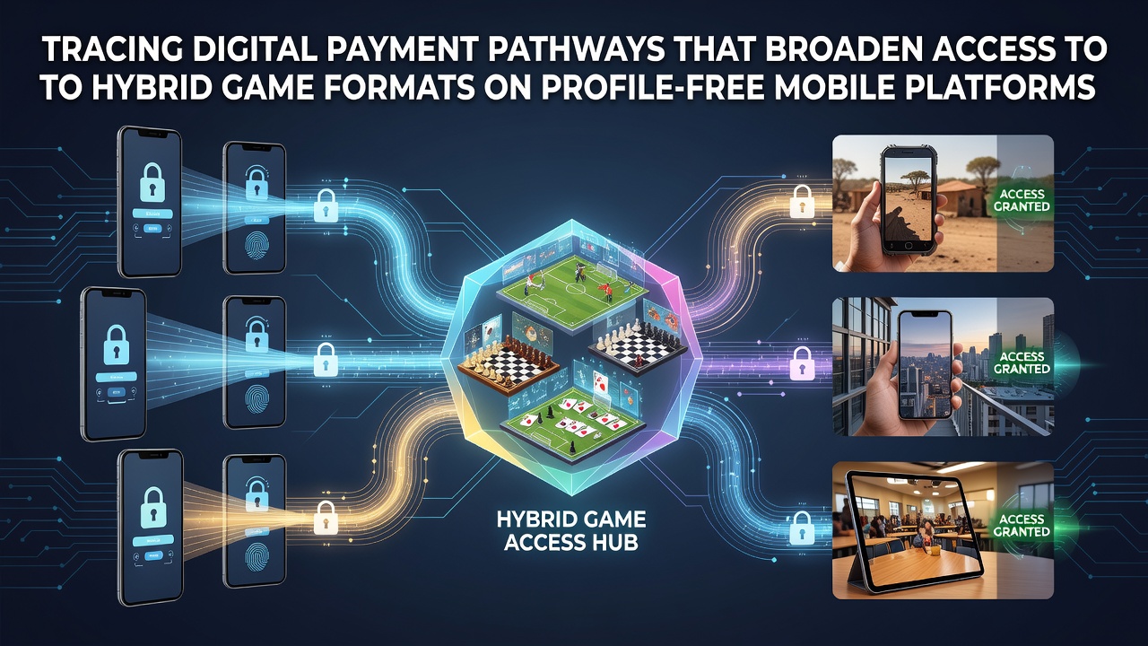 Digital payment pathways connecting mobile users to hybrid game formats without profiles